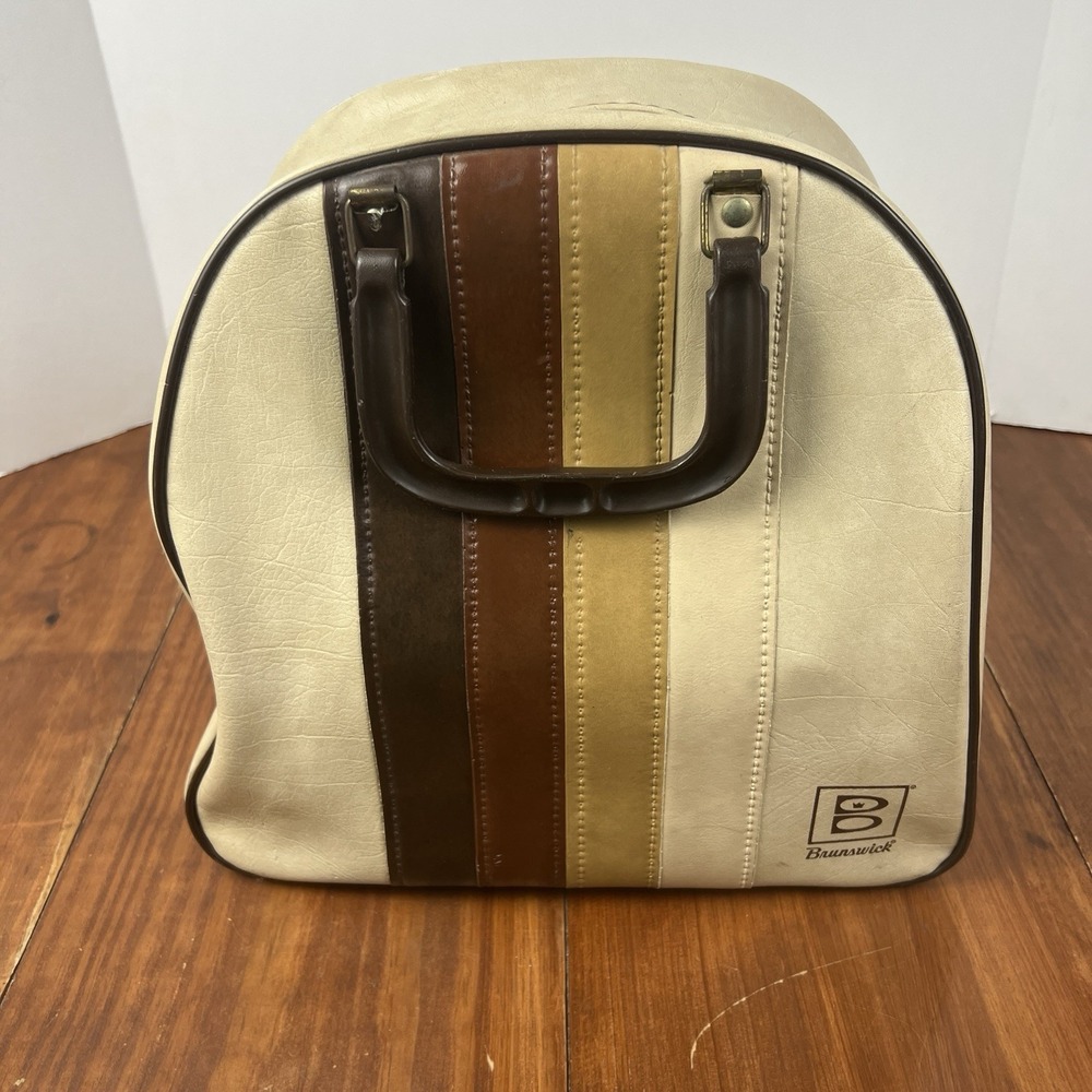 Vintage Brunswick Bowling Ball Bag Retro Striped Cream Brown Tan 1970s